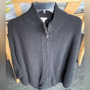 Talbots L/XL black zip poncho. cotton cable stitch EUC front pockets very cute